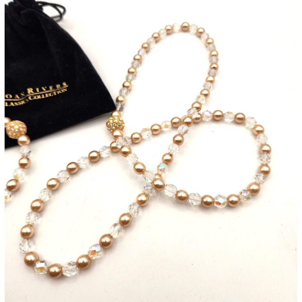 Joan Rivers Soft Pink Faux Pearl & Crystal Stretch Necklace Bracelet Set VIntage - Picture 2 of 4